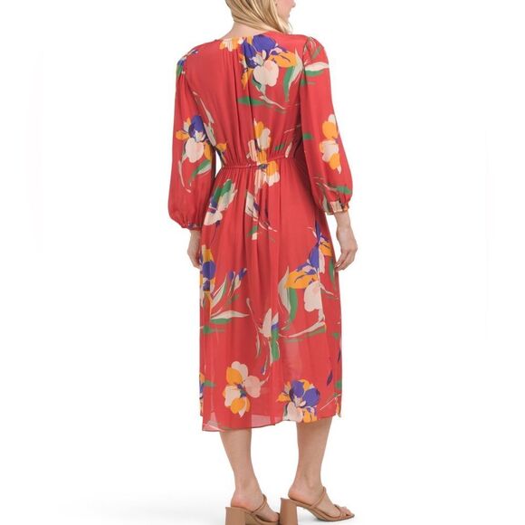 Shoshanna Emanuela Floral Smocked Waist Midi Dress V Neck Long Sleeve Red 4 NWT - Picture 4 of 16